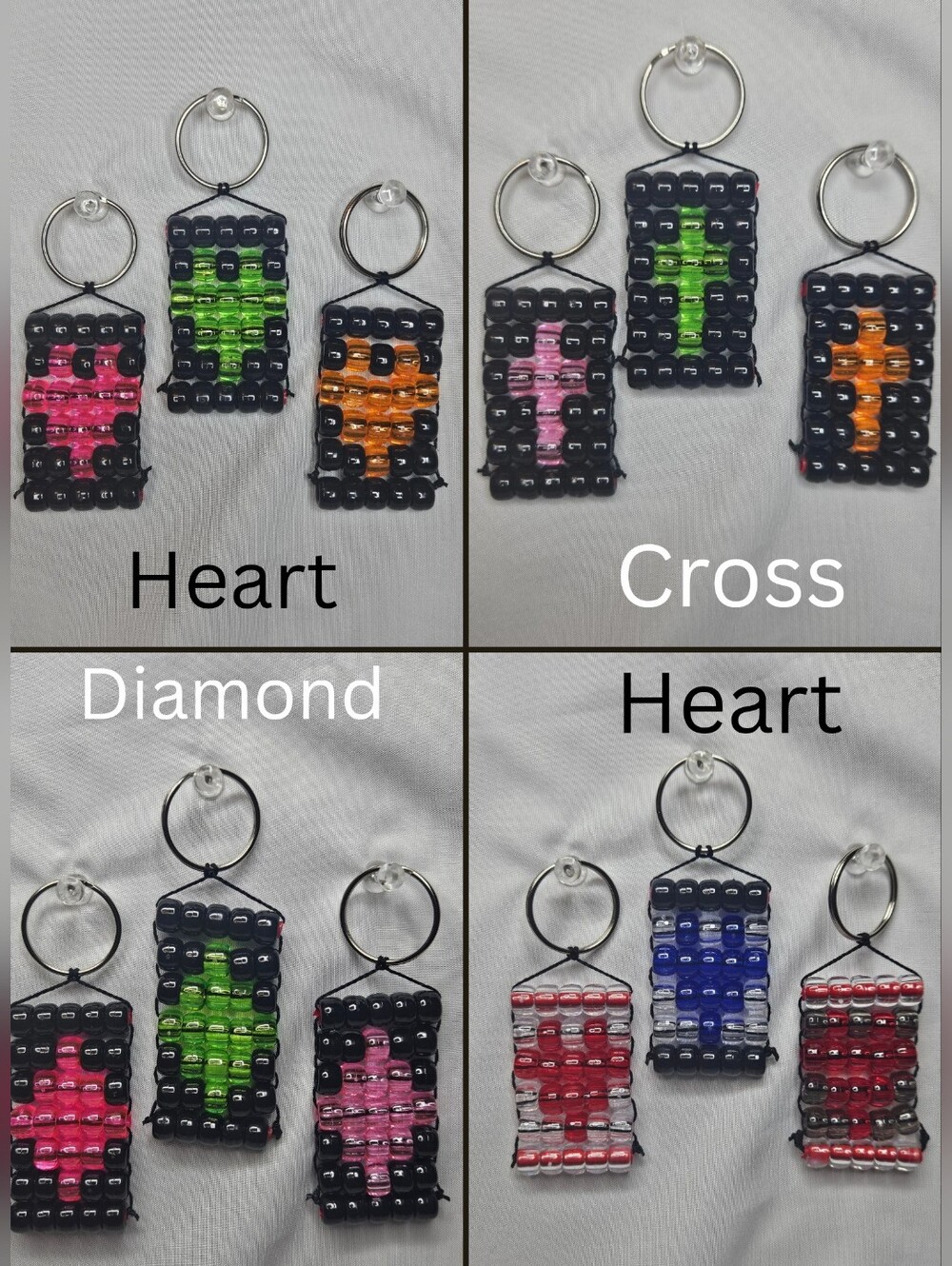 Handmade Pony Bead Keychain Sets | Diamond, Cross & Heart Designs | 3 Pieces